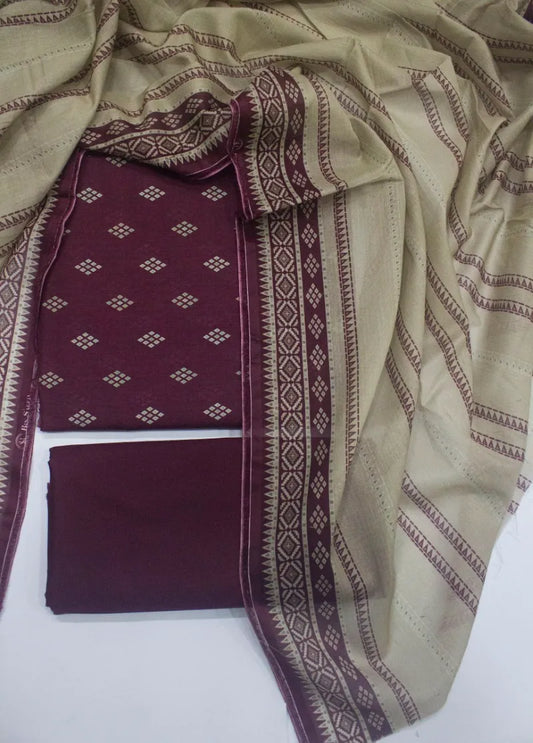 3 Piece Digital Printed Plum Color Unstitched Suit