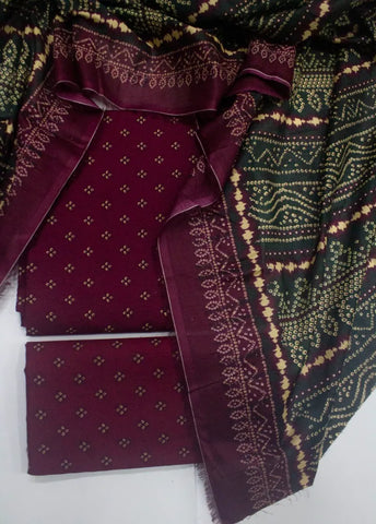 3 Piece Digital Printed Margenta Color Unstitched Suit