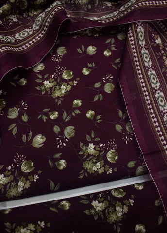 3 Piece Digital Printed Plum Color Unstitched Suit