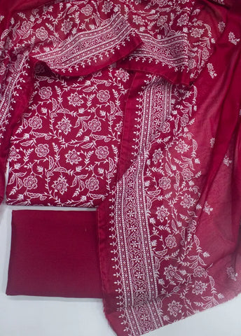 3 Piece Digital Printed Red Color Unstitched Suit