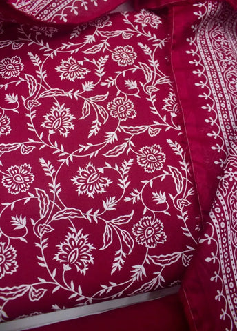 3 Piece Digital Printed Red Color Unstitched Suit