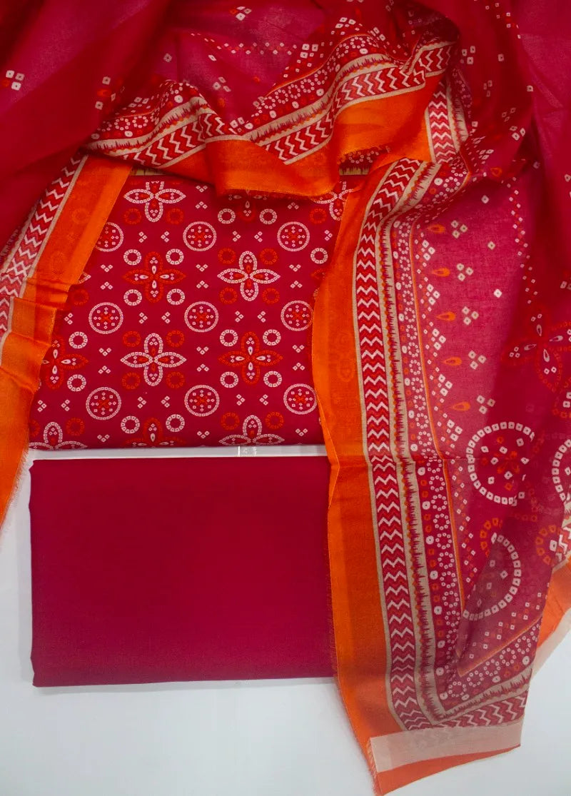 3 Piece Digital Printed Red Color Unstitched Suit