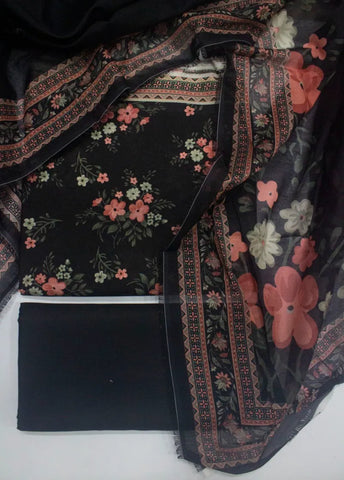 3 Piece Digital Printed Black Color Unstitched Suit