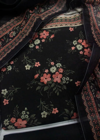 3 Piece Digital Printed Black Color Unstitched Suit