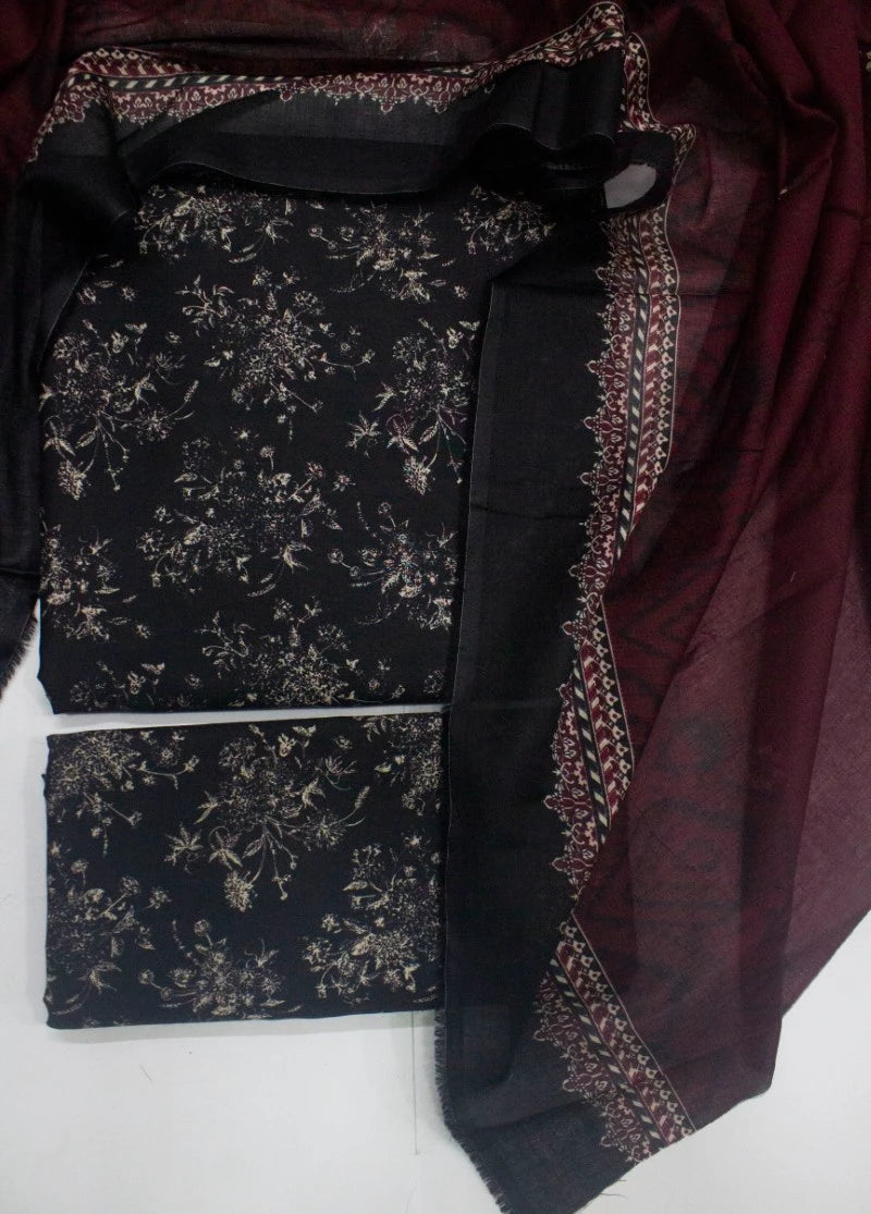 3 Piece Digital Printed Black Color Unstitched Suit