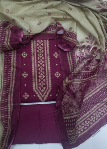 3 Piece Digital Printed Margenta Color Unstitched Suit