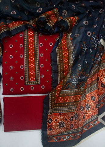 3 Piece Digital Printed Red Color Unstitched Suit