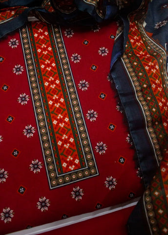 3 Piece Digital Printed Red Color Unstitched Suit