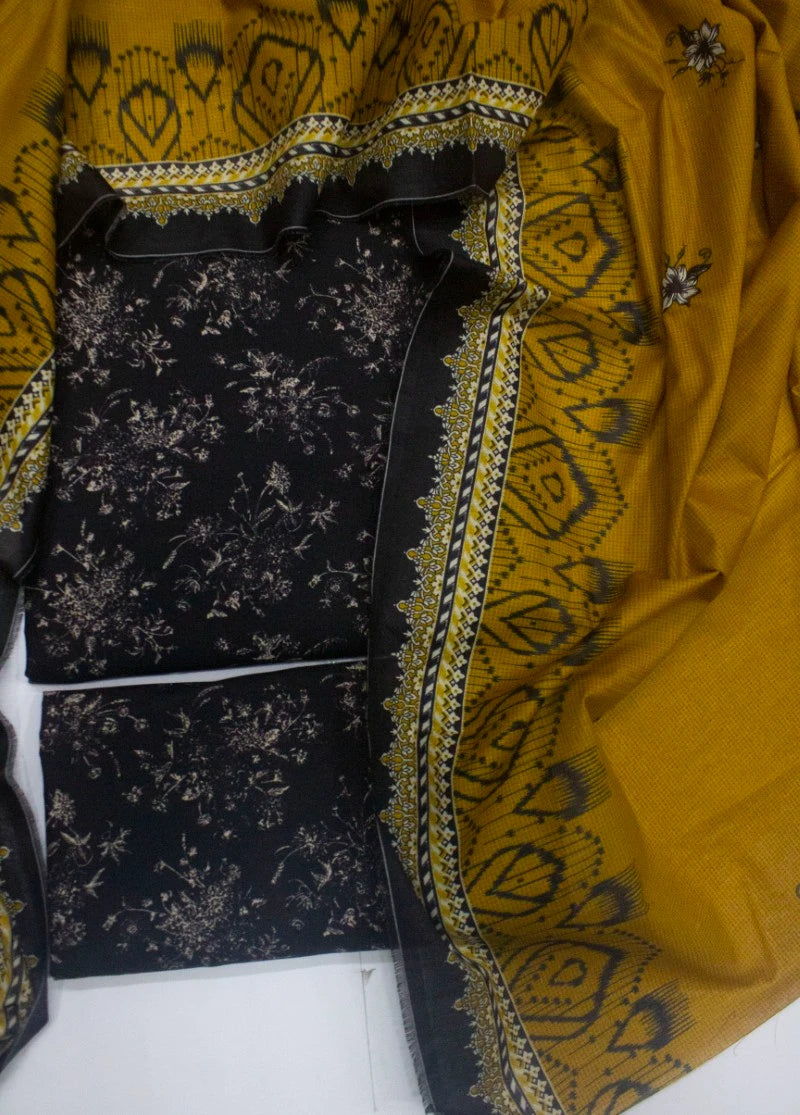 3 Piece Digital Printed Black Color Unstitched Suit
