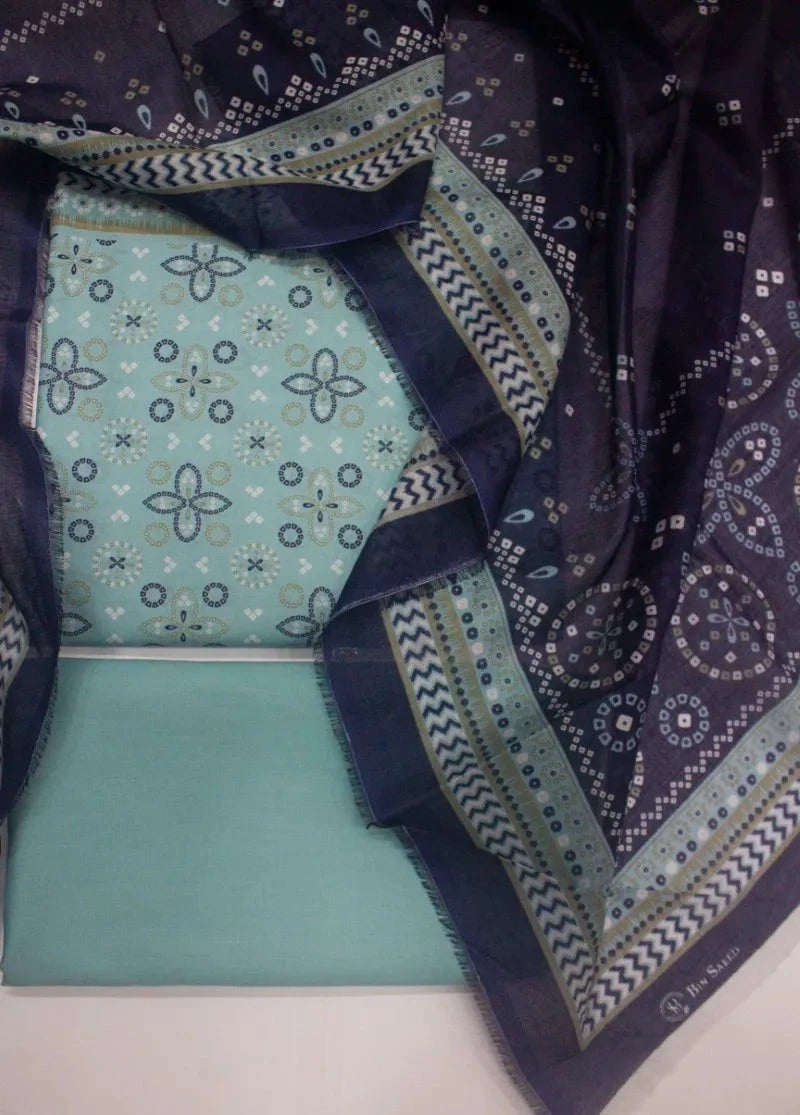 3 Piece Digital Printed Aqua Blue Color Unstitched Suit