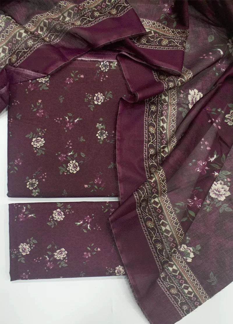 3 Piece Digital Printed Plum Color Unstitched Suit