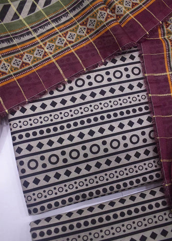 3 Piece Digital Printed Black & Off White Color Unstitched Suit