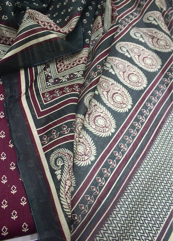 3 Piece Digital Printed Maroon Color Unstitched Suit