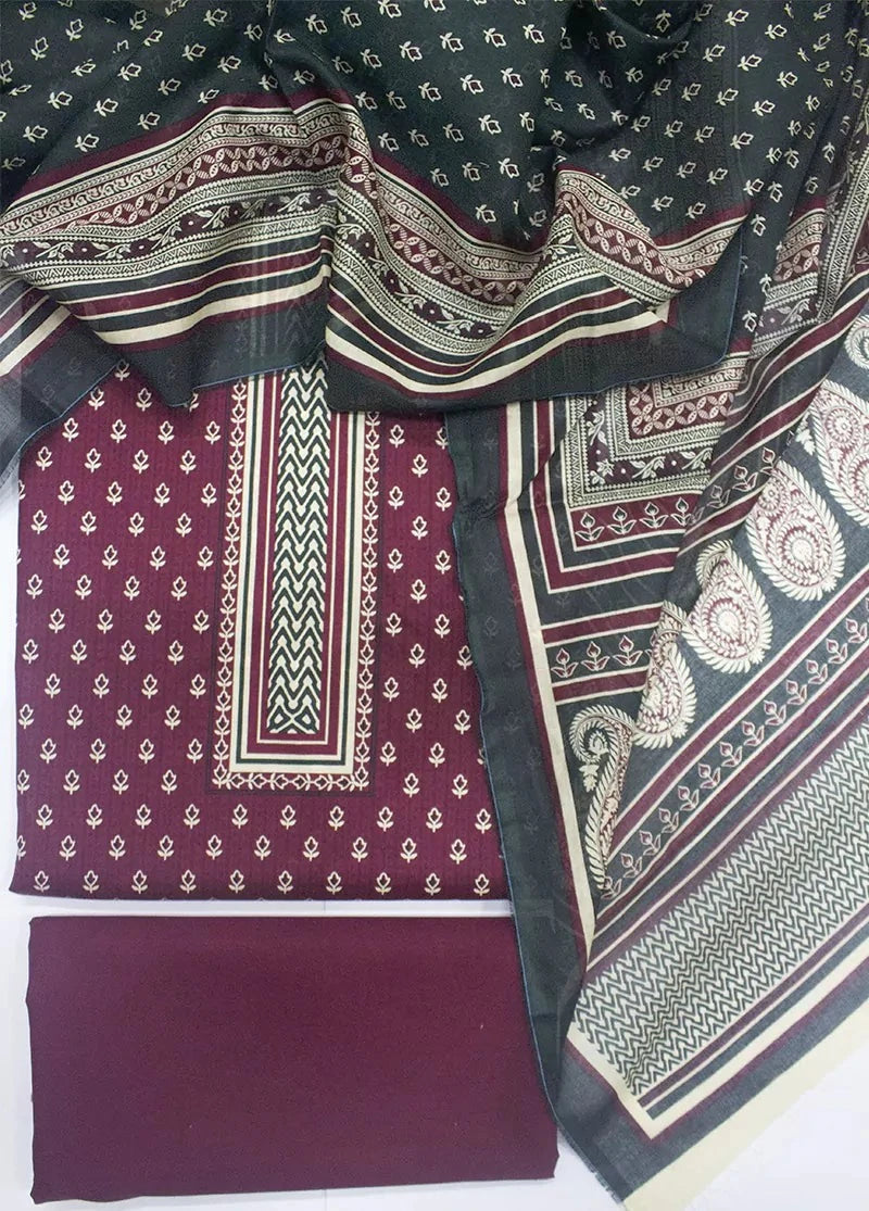 3 Piece Digital Printed Maroon Color Unstitched Suit