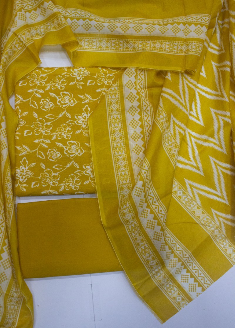 3 Piece Cotton Digital Printed Yellow Color Unstitched Suit