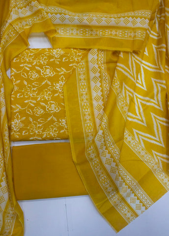 3 Piece Cotton Digital Printed Yellow Color Unstitched Suit