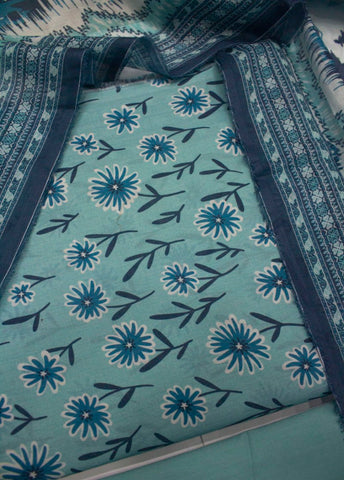 3 Piece Cotton Digital Printed Turquoise Color Unstitched Suit