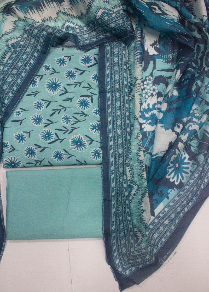 3 Piece Cotton Digital Printed Turquoise Color Unstitched Suit