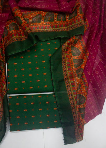3 Piece Cotton Digital Printed Bottle Green Color Unstitched Suit