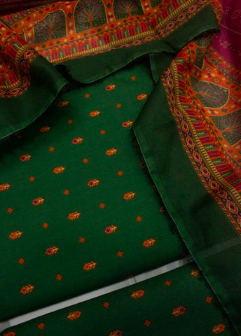 3 Piece Cotton Digital Printed Bottle Green Color Unstitched Suit