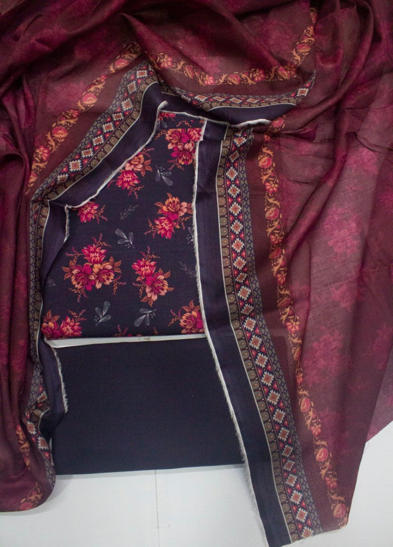 3 Piece Cotton Digital Printed Purple Color Unstitched Suit