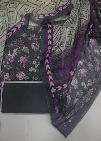 3 Piece Cotton Digital Printed Grey Color Unstitched Suit