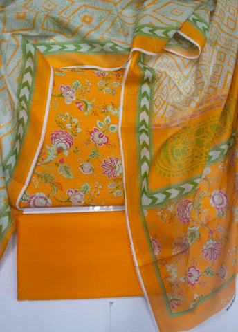 3 Piece Digital Printed Orange Color Unstitched Suit