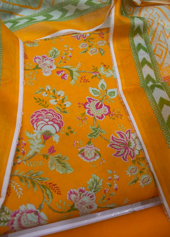 3 Piece Digital Printed Orange Color Unstitched Suit