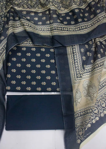 3 Piece Digital Printed Navy Blue Color Unstitched Suit