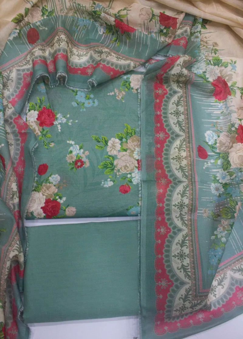 3 Piece Digital Printed Mint Green Color Unstitched Suit