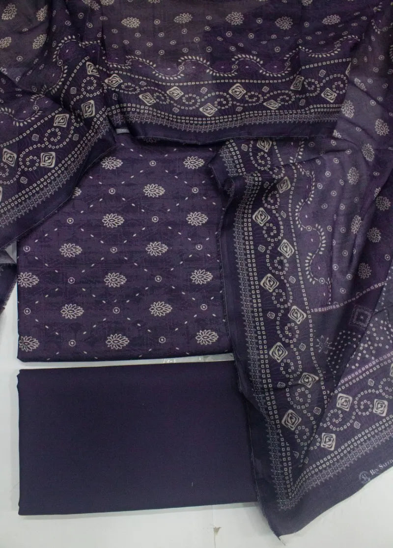 3 Piece Digital Printed Purple Color Unstitched Suit