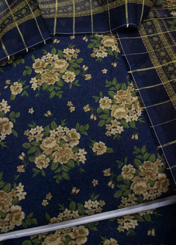 3 Piece Digital Printed Navy Blue Color Unstitched Suit