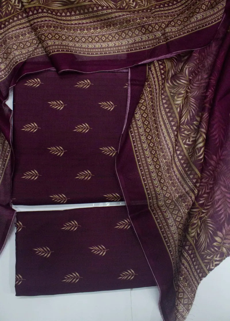 3 Piece Digital Printed Plum Color Unstitched Suit