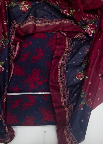 3 Piece Digital Printed Navy Blue & Red Color Unstitched Suit