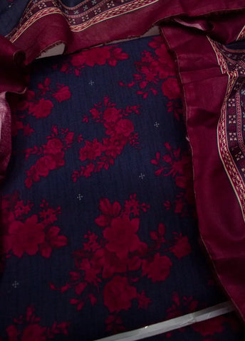 3 Piece Digital Printed Navy Blue & Red Color Unstitched Suit