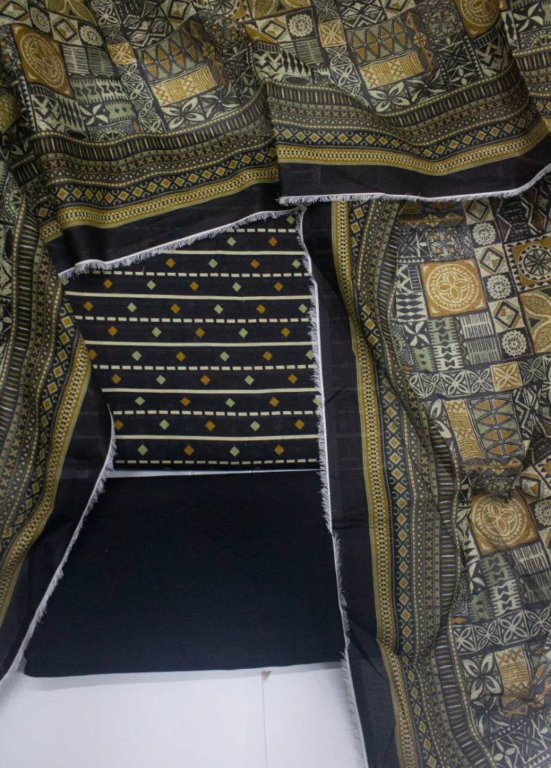 3 Piece Digital Printed Black Color Unstitched Suit