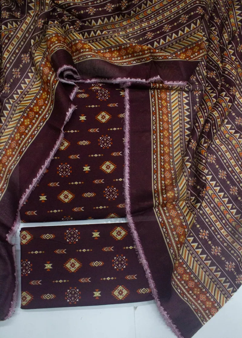 3 Piece Digital Printed Plum Color Unstitched Suit