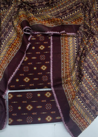 3 Piece Digital Printed Plum Color Unstitched Suit