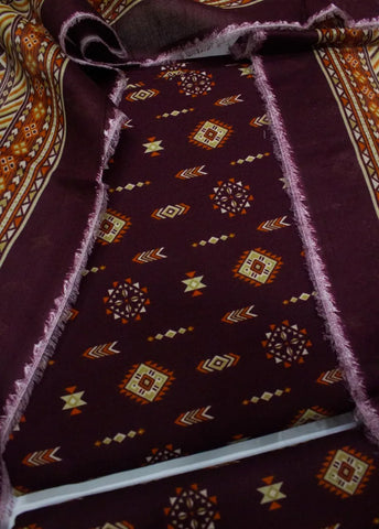 3 Piece Digital Printed Plum Color Unstitched Suit
