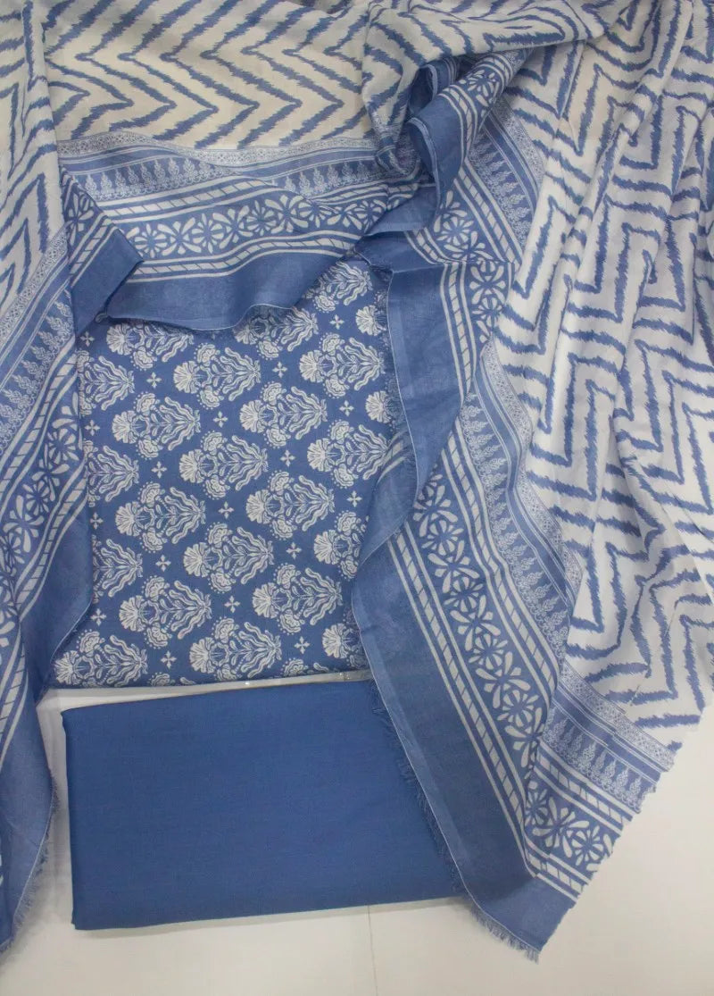 3 Piece Digital Printed Blue Color Unstitched Suit