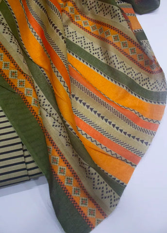 3 Piece Cotton Digital Printed Beige & Black Color Unstitched Suit