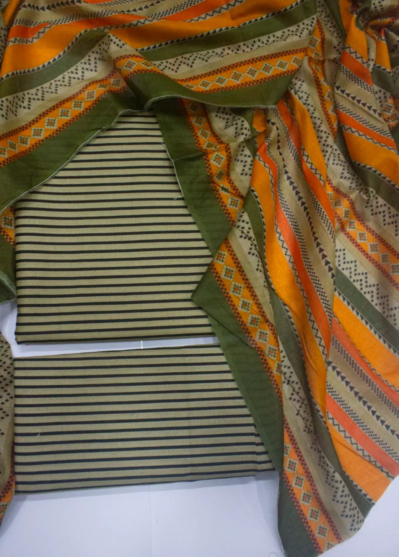 3 Piece Cotton Digital Printed Beige & Black Color Unstitched Suit