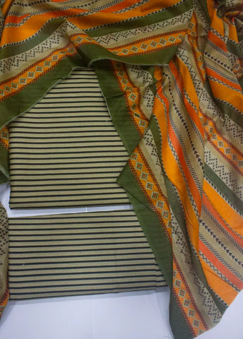 3 Piece Cotton Digital Printed Beige & Black Color Unstitched Suit