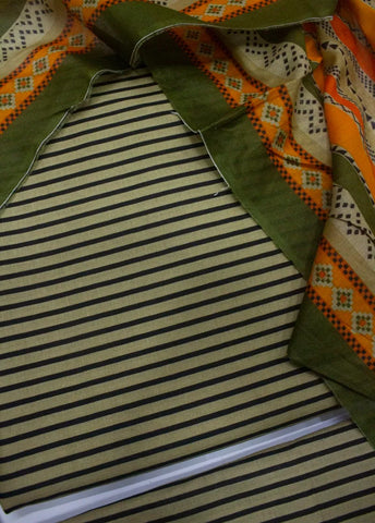 3 Piece Cotton Digital Printed Beige & Black Color Unstitched Suit