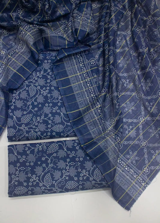 3 Piece Cotton Digital Printed Navy Blue Color Unstitched Suit