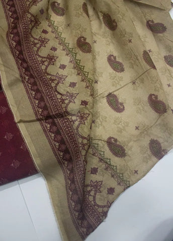 3 Piece Cotton Digital Printed Maroon Color Unstitched Suit