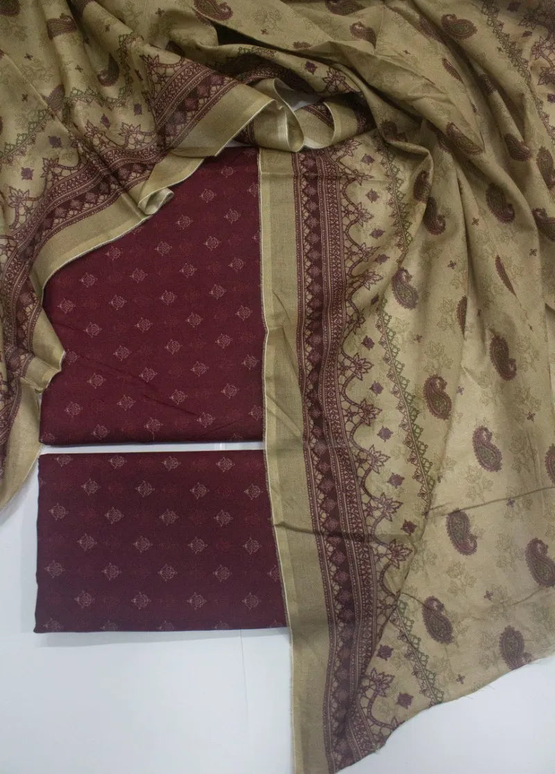 3 Piece Cotton Digital Printed Maroon Color Unstitched Suit