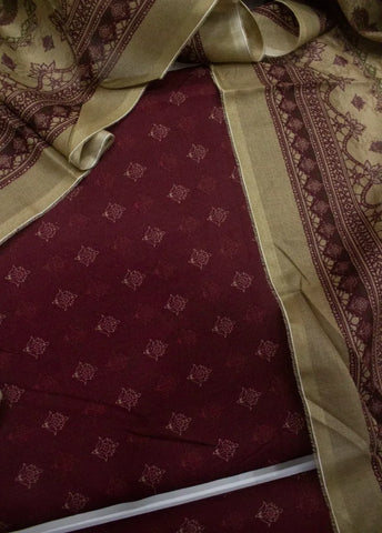 3 Piece Cotton Digital Printed Maroon Color Unstitched Suit