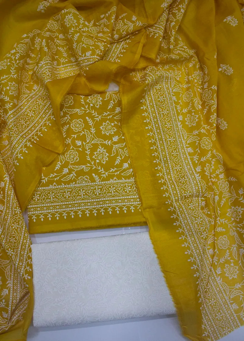 3 Piece Cotton Digital Printed Yellow Color Unstitched Suit