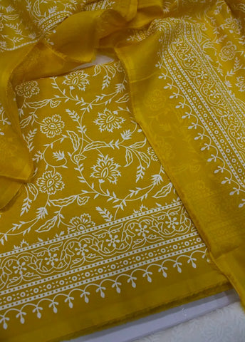 3 Piece Cotton Digital Printed Yellow Color Unstitched Suit